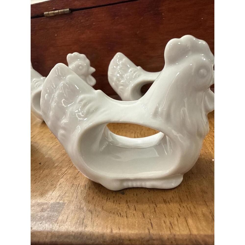 6 Vintage Japan Made Porcelain White Hen Napkin Rings Country Farm Cottage - Picture 2 of 6